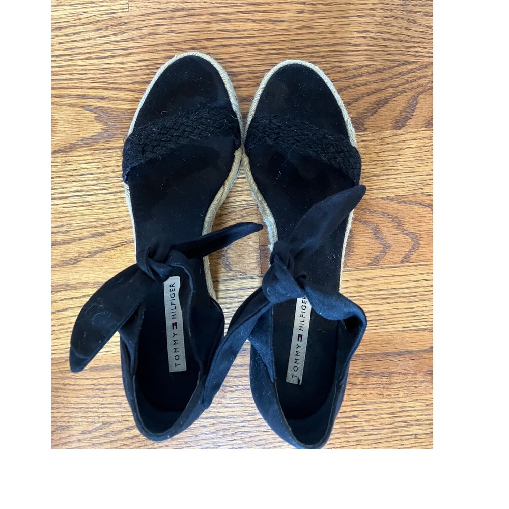 Tommy Hilfiger Black Espadrille Wedge Sandals Ankle Tie Women's 9M